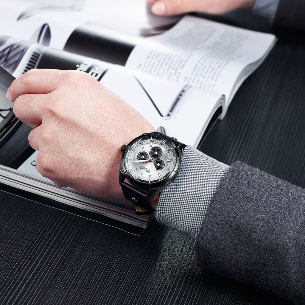 MEGIR Fashion Quartz Chronograph Watch for Men Leather Strap Military Sport Wristwatch Waterproof 24-hour Week Date Clock 2072