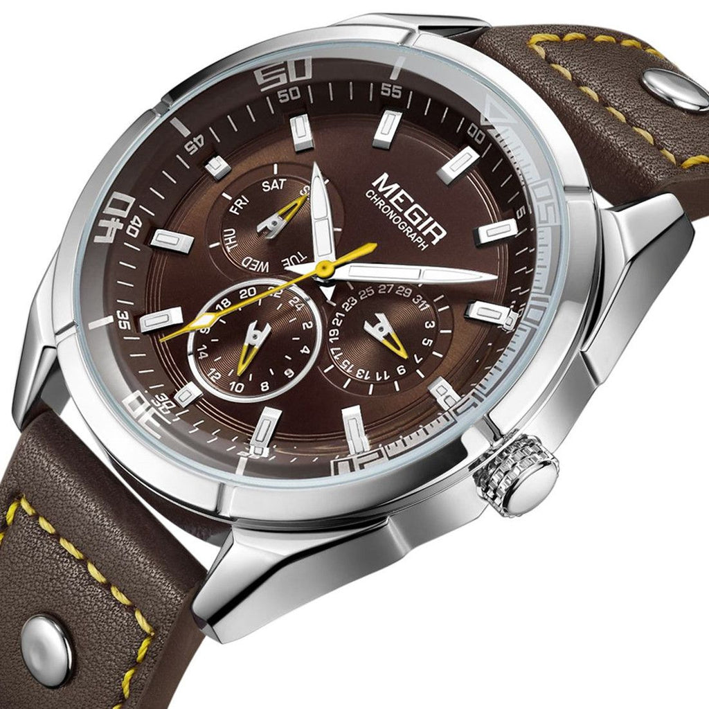 MEGIR Fashion Quartz Chronograph Watch for Men Leather Strap Military Sport Wristwatch Waterproof 24-hour Week Date Clock 2072