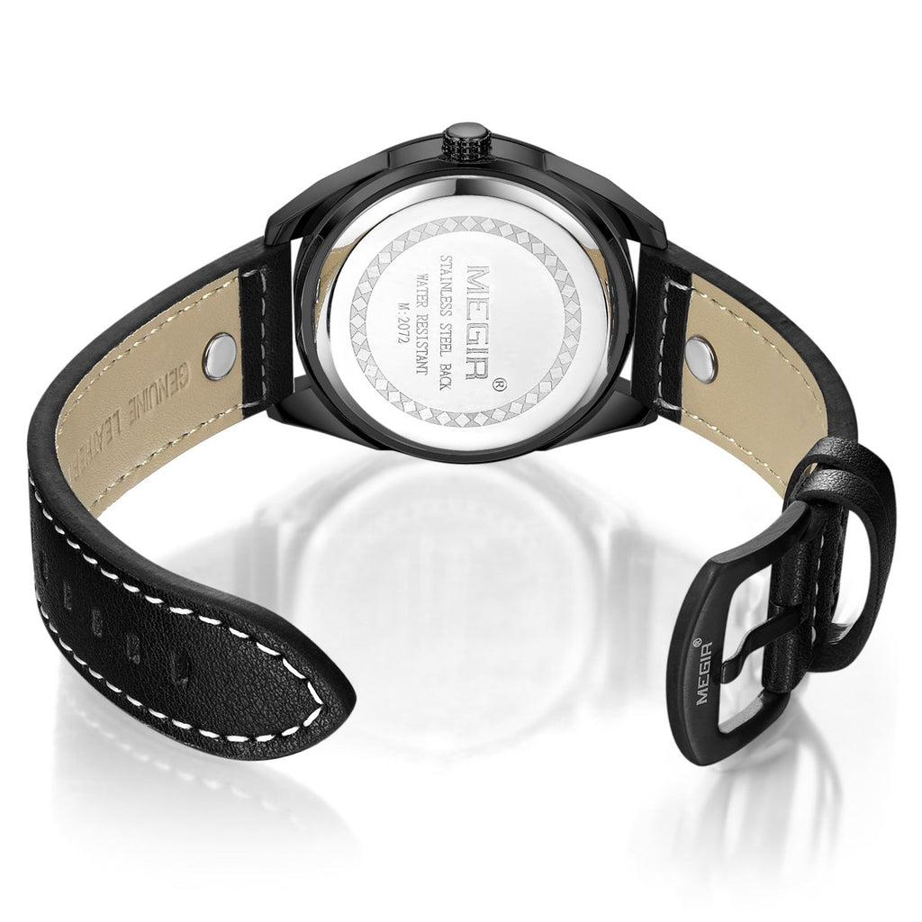 MEGIR Fashion Quartz Chronograph Watch for Men Leather Strap Military Sport Wristwatch Waterproof 24-hour Week Date Clock 2072