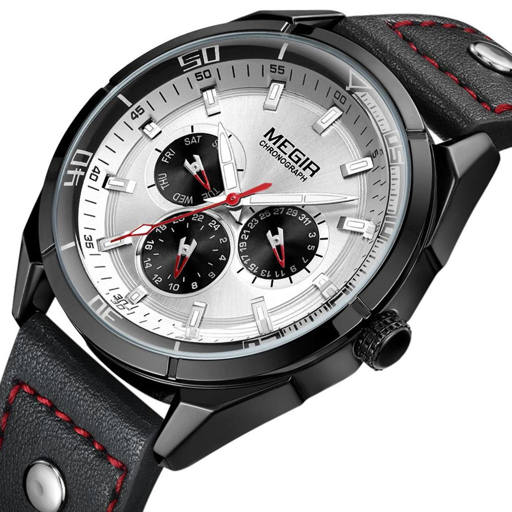 MEGIR Fashion Quartz Chronograph Watch for Men Leather Strap Military Sport Wristwatch Waterproof 24-hour Week Date Clock 2072