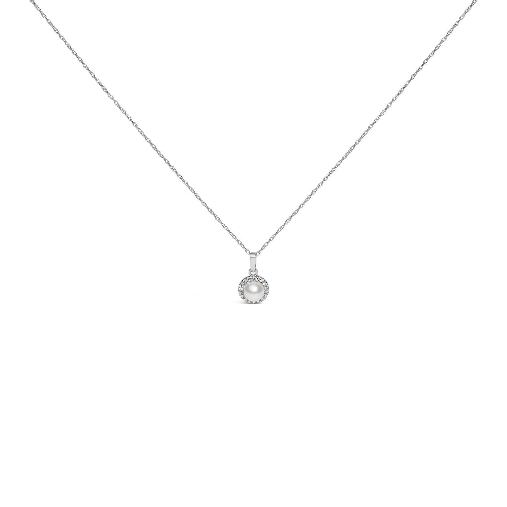 10K White Gold 5MM Cultured Pearl and Diamond Accent Halo Pendant Necklace