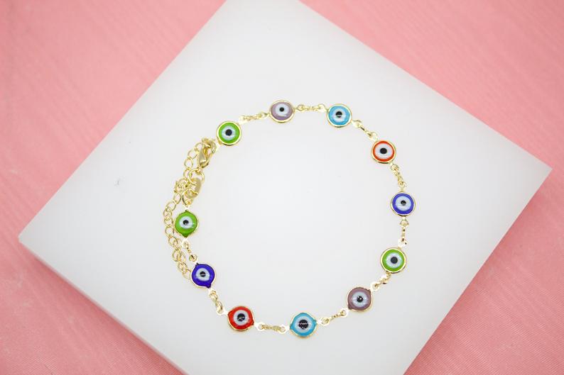18K Gold Filled Multi-Color Colorful Evil Eye Charms Bracelet (I218)