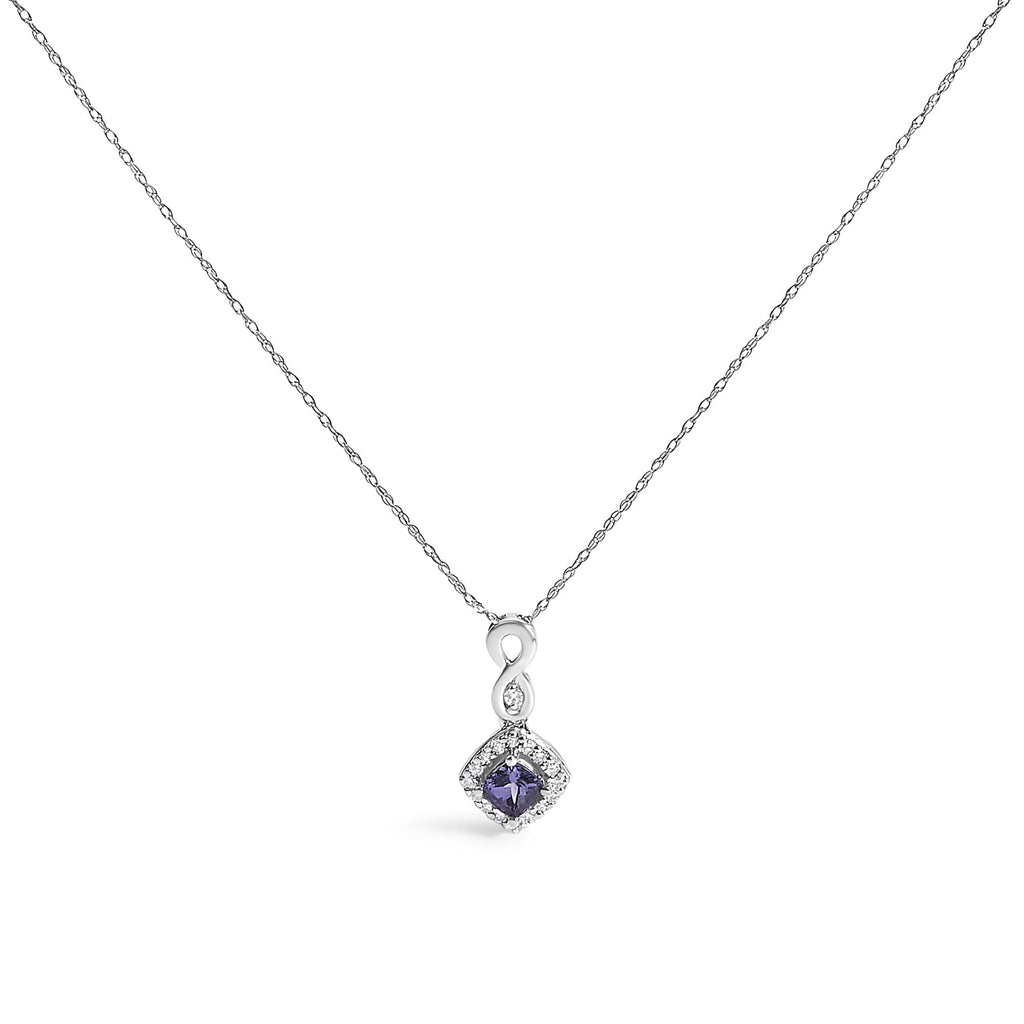 10K White Gold Blue Purple Tanzanite and Diamond Accent Cushion Drop Pendant Necklace - 18" Inches