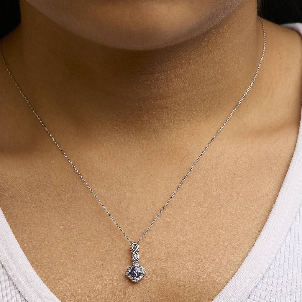 10K White Gold Blue Purple Tanzanite and Diamond Accent Cushion Drop Pendant Necklace - 18" Inches