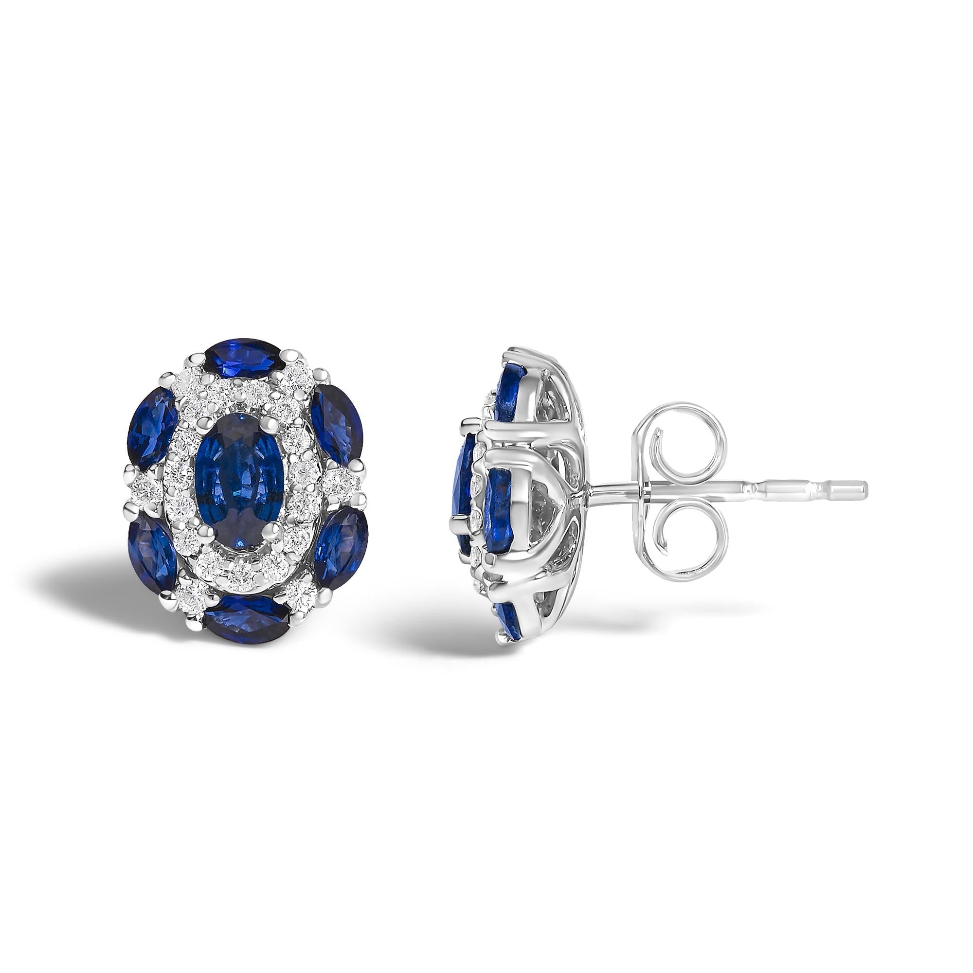 14K White Gold Blue Sapphire and Diamond Vintage Style Stud Earrings (G-H Color, SI2-I1 Clarity)