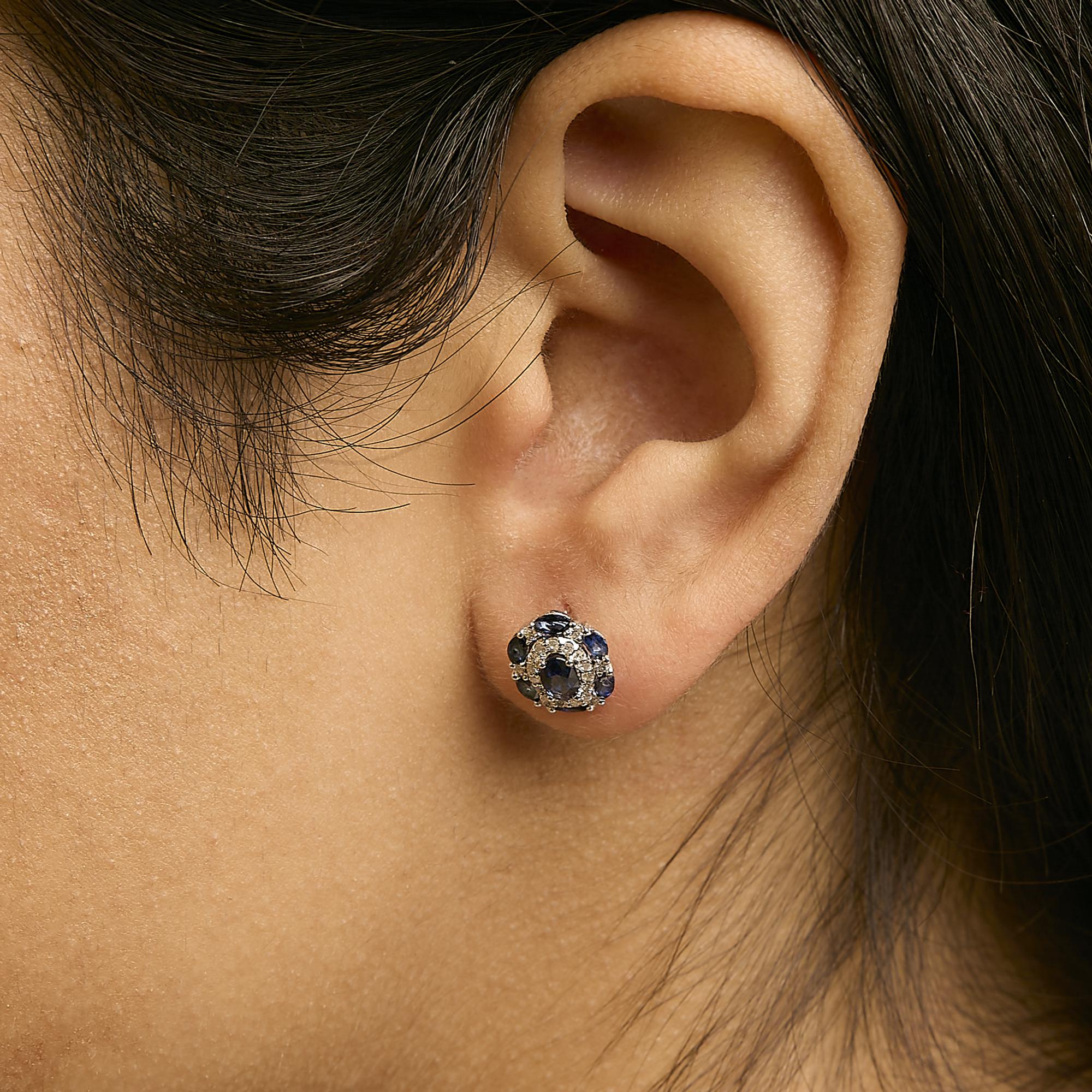 14K White Gold Blue Sapphire and Diamond Vintage Style Stud Earrings (G-H Color, SI2-I1 Clarity)