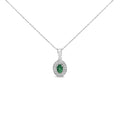 14K White Gold Oval 6x4 MM Green Emerald and Diamond Halo Pendant Necklace - 18 inch