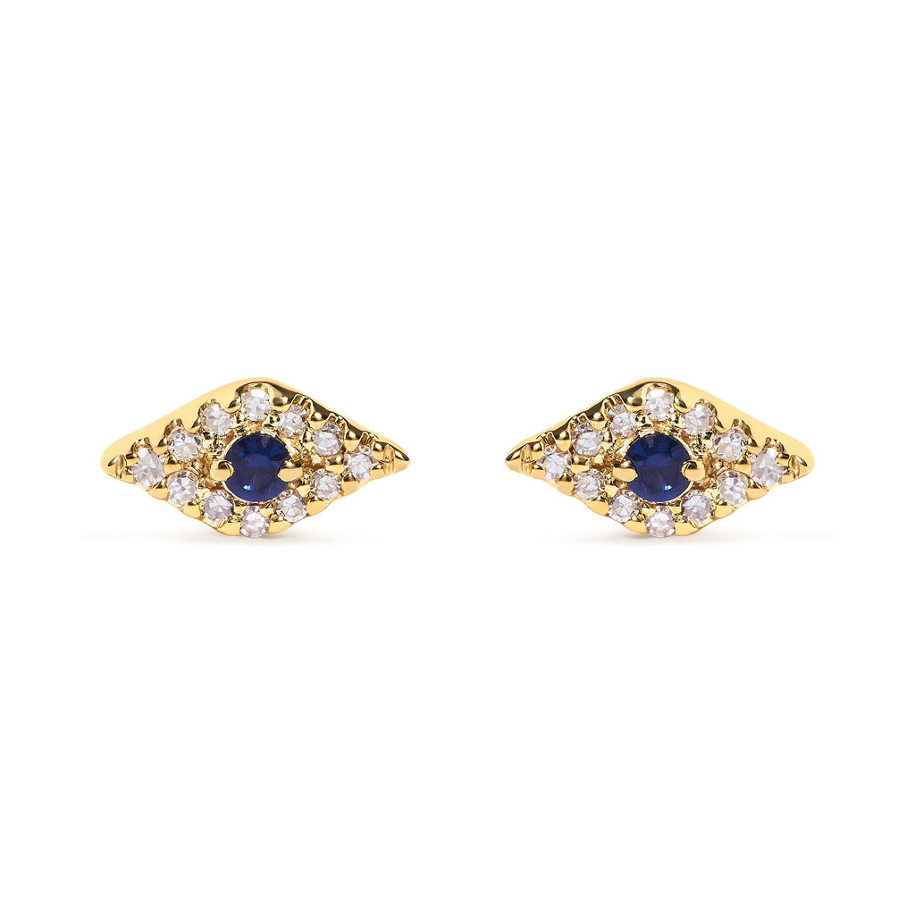 10K Yellow Gold Blue Sapphire and Diamond Accent Evil Eye Stud Earring (H-I Color, I1-I2 Clarity)