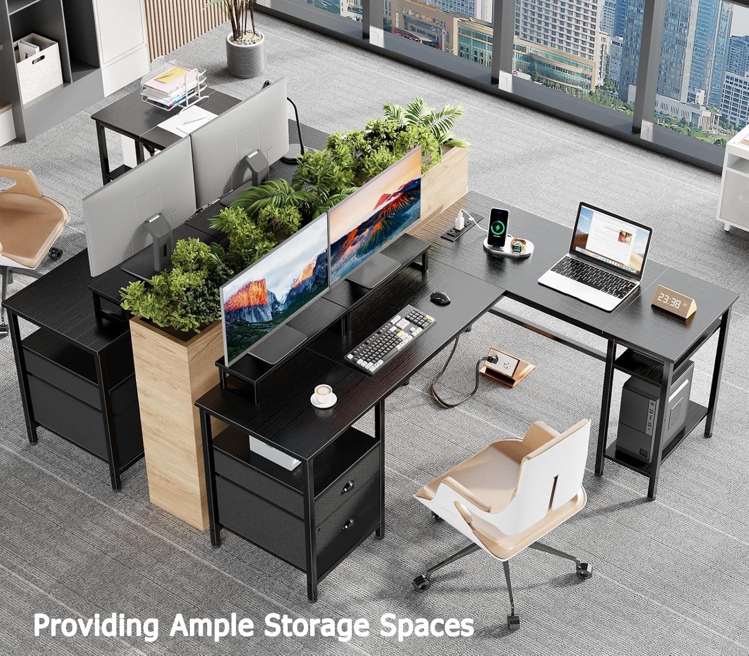 Fifty Nine Inch L Shaped Desk With Black Storage Drawers Unit