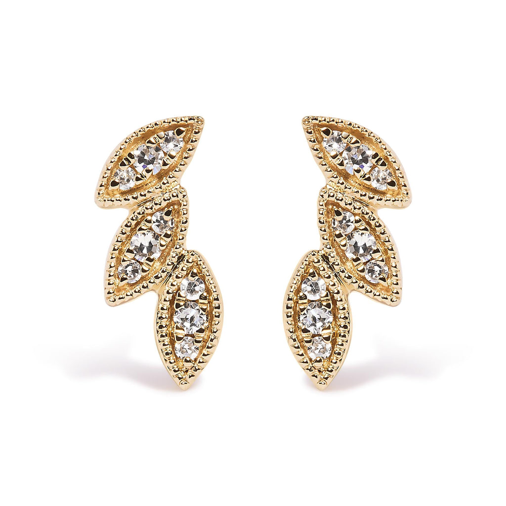 10K Yellow Gold 1/10 Cttw Diamond Triple Leaf Stud Earring (H-I Color, I1-I2 Clarity)