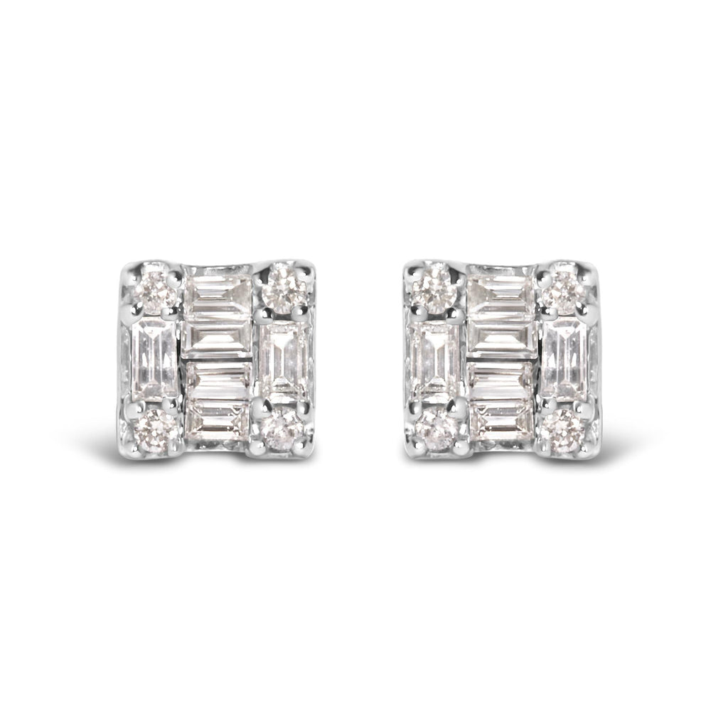 10K White Gold 1/7 Cttw Round and Baguette Diamond Mosaic Square Stud Earrings (H-I Color, I1-I2 Clarity)