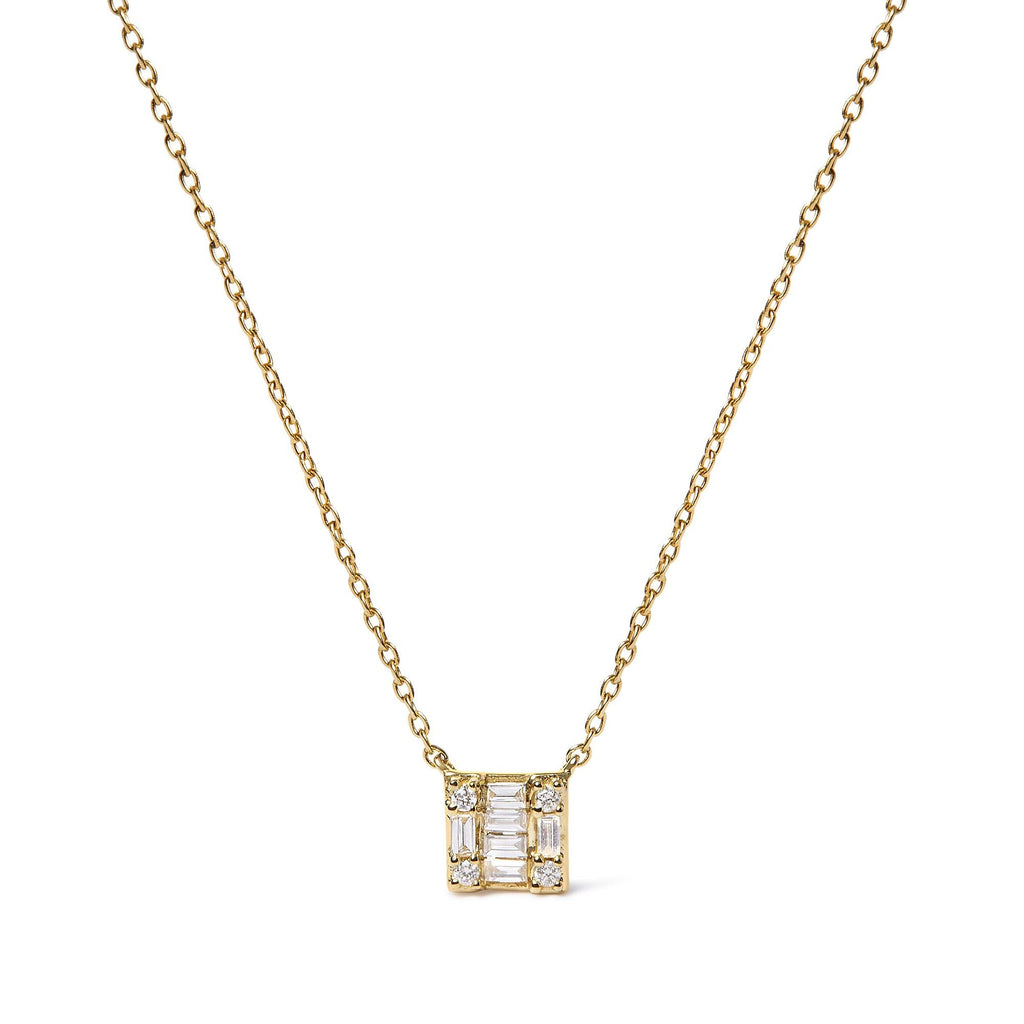 10K Yellow Gold 1/10 Cttw Round and Baguette Diamond Mosaic Composite Square 18" Inch Pendant Necklace (H-I Color, I1-I2 Clarity)