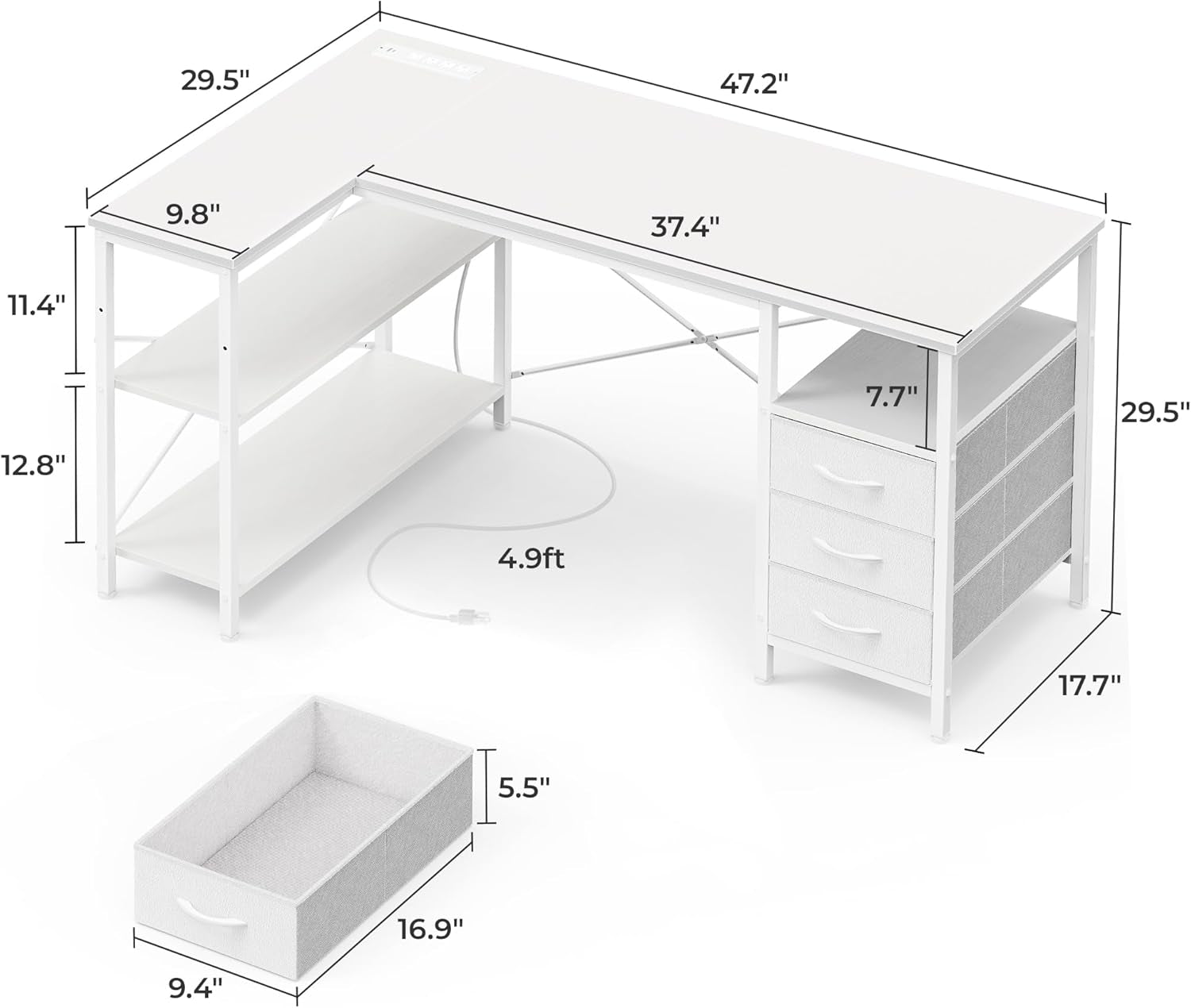 47 Inch L Shaped Desk With Power Outlets For Home Office