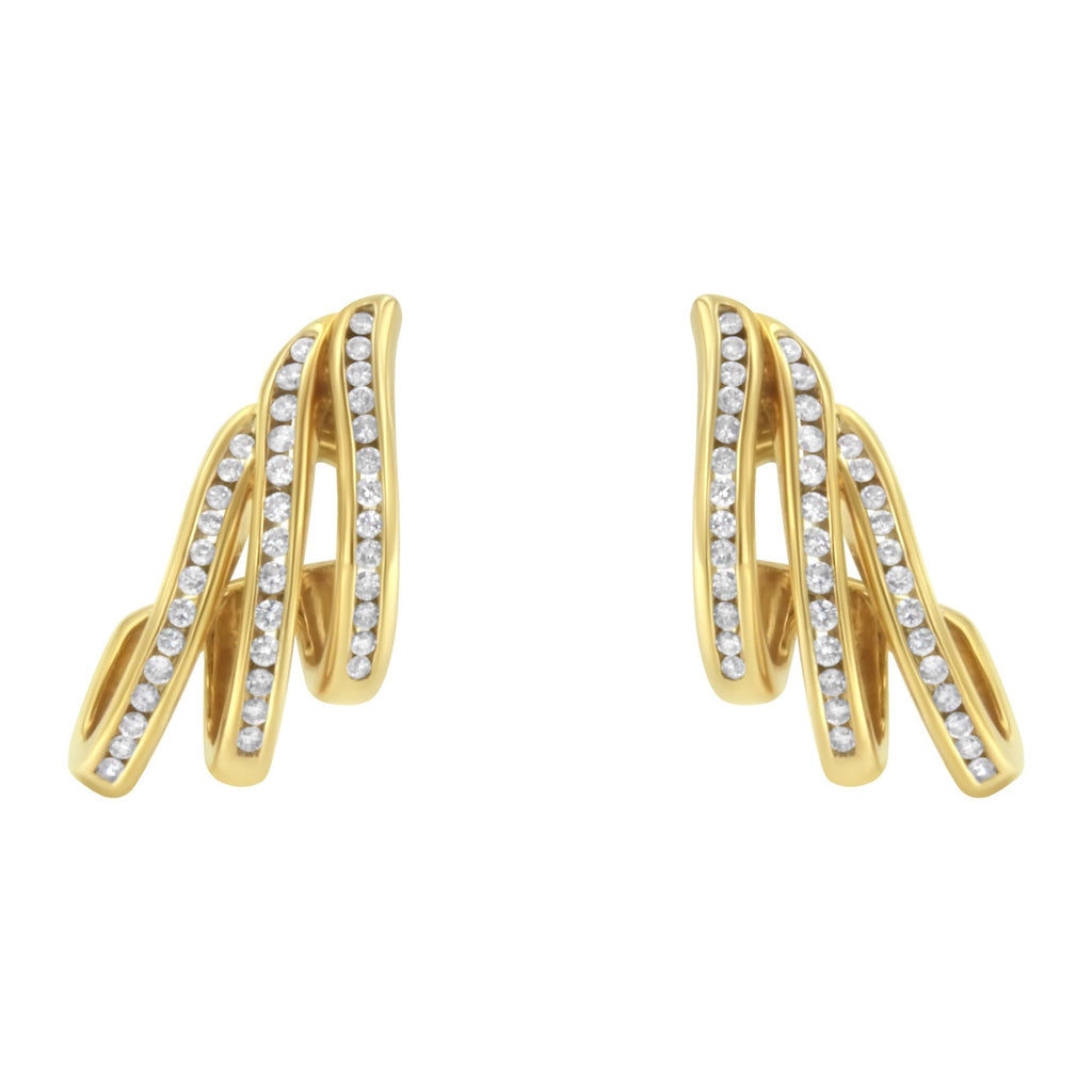 10K Yellow Gold 1.0 Cttw Round Brilliant Cut Diamond Spiral Multi Row Channel Set Open Hoop Pushback Stud Earrings (H-I Color, I1-I2 Clarity)