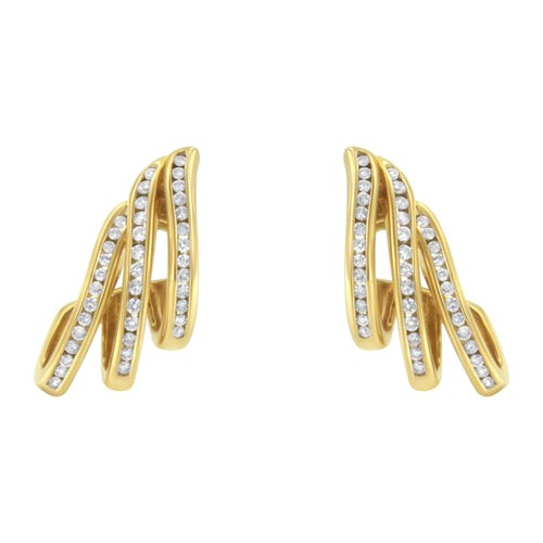 10K Yellow Gold 1.0 Cttw Round Brilliant Cut Diamond Spiral Multi Row Channel Set Open Hoop Pushback Stud Earrings (H-I Color, I1-I2 Clarity)