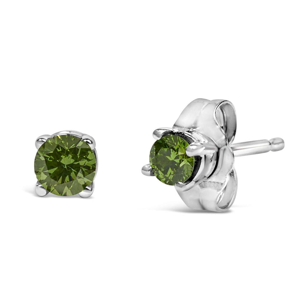 .925 Sterling Silver 1/4 Cttw Round Brilliant-Cut Green Diamond Classic 4-Prong Stud Earrings (Fancy Color-Enhanced, I2-I3 Clarity)