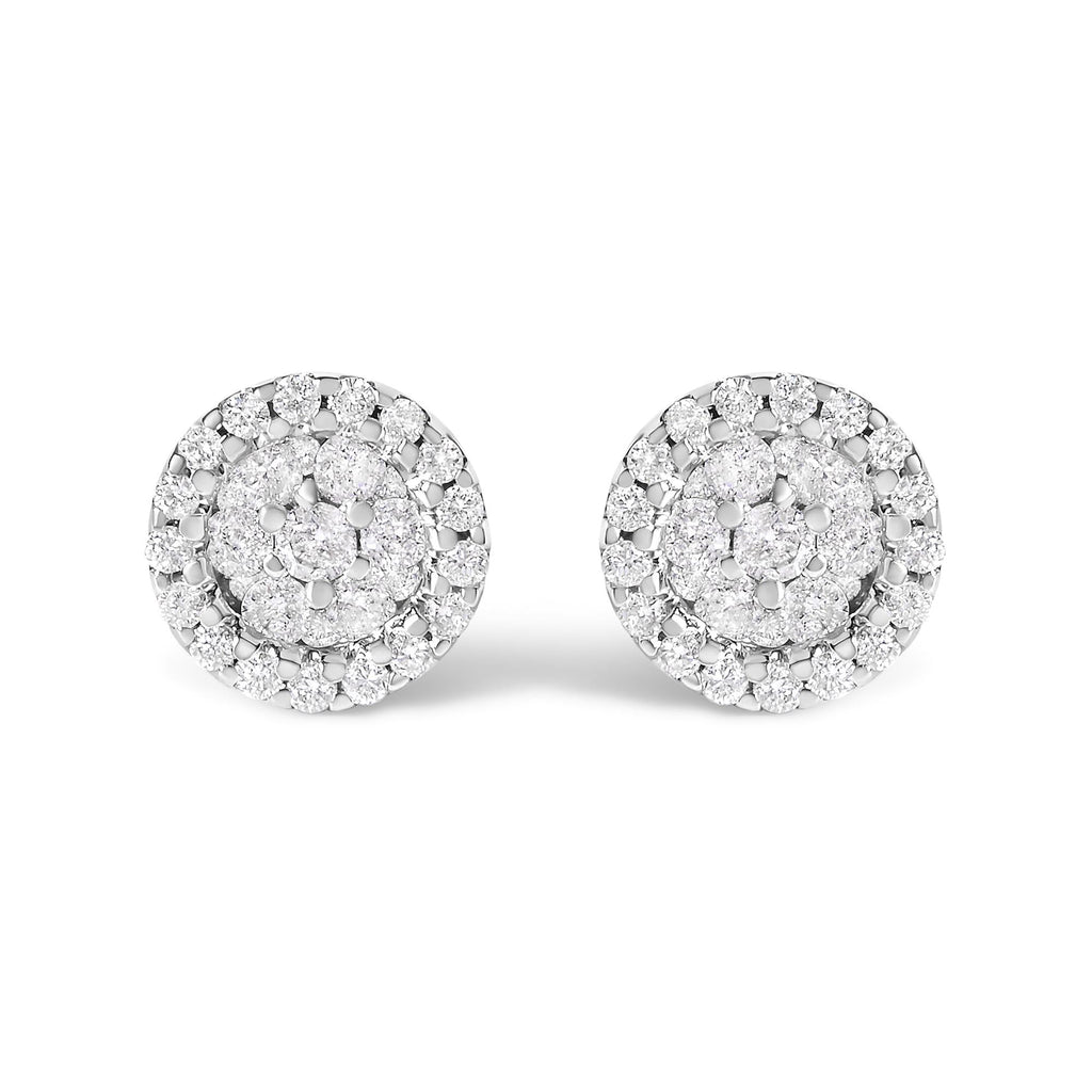 14K White Gold 1/2 Cttw Brilliant-Cut Diamond Halo-Style Cluster Round Button Stud Earrings (H-I Color, I1-I2 Clarity)