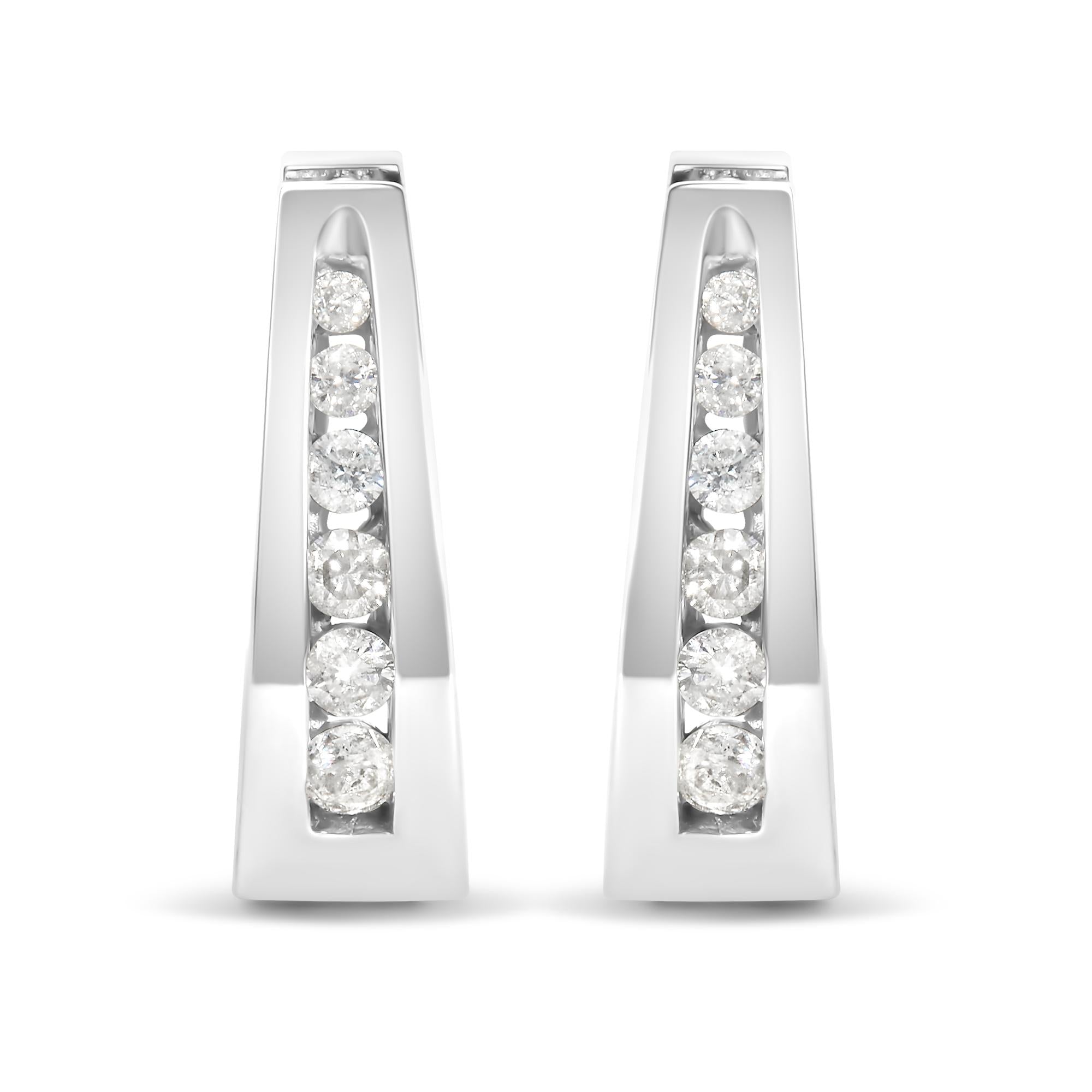 14k White Gold Channel-Set Brilliant Round-Cut Diamond Hoop Earrings (I-J Color, I2-I3 Clarity)