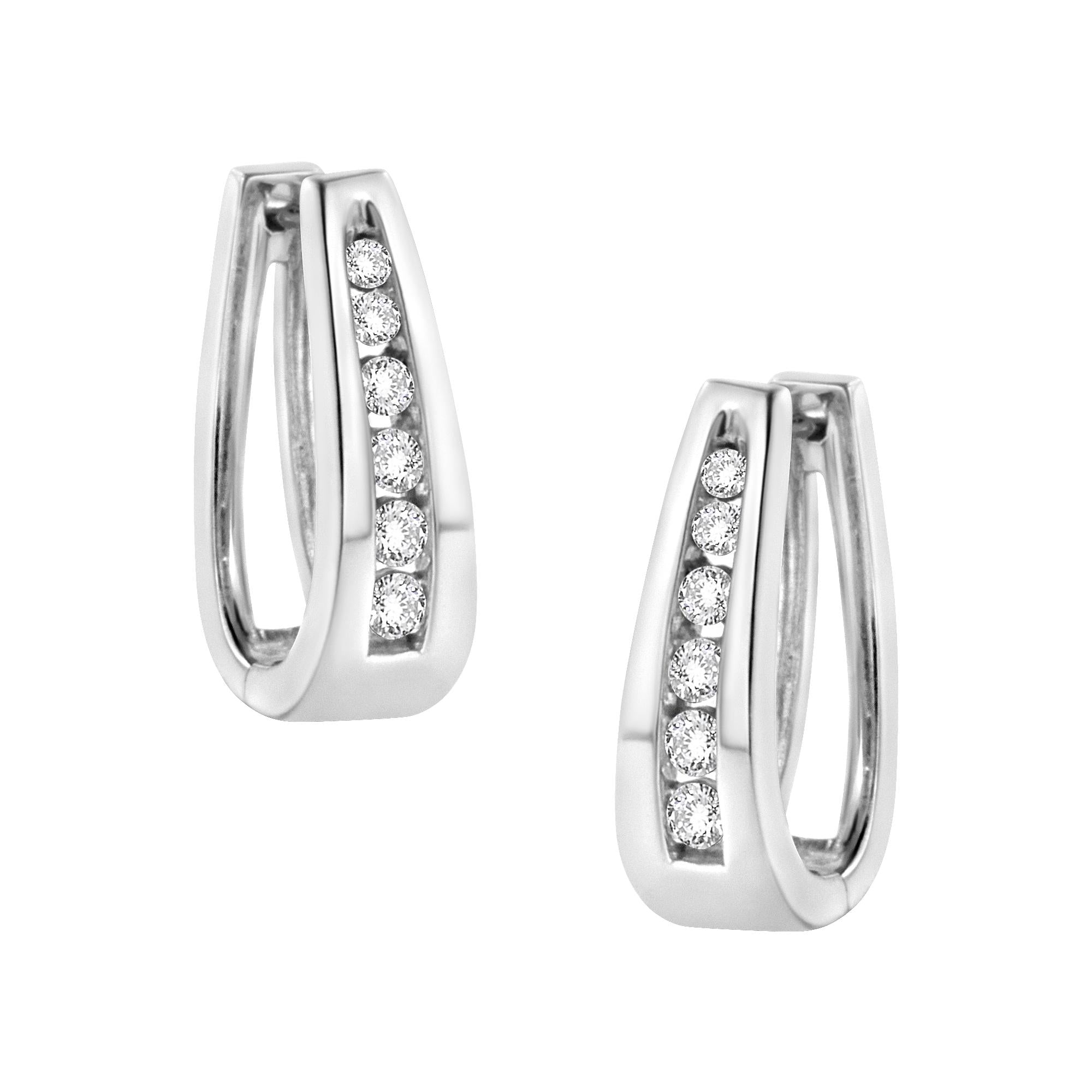 14k White Gold Channel-Set Brilliant Round-Cut Diamond Hoop Earrings (I-J Color, I2-I3 Clarity)