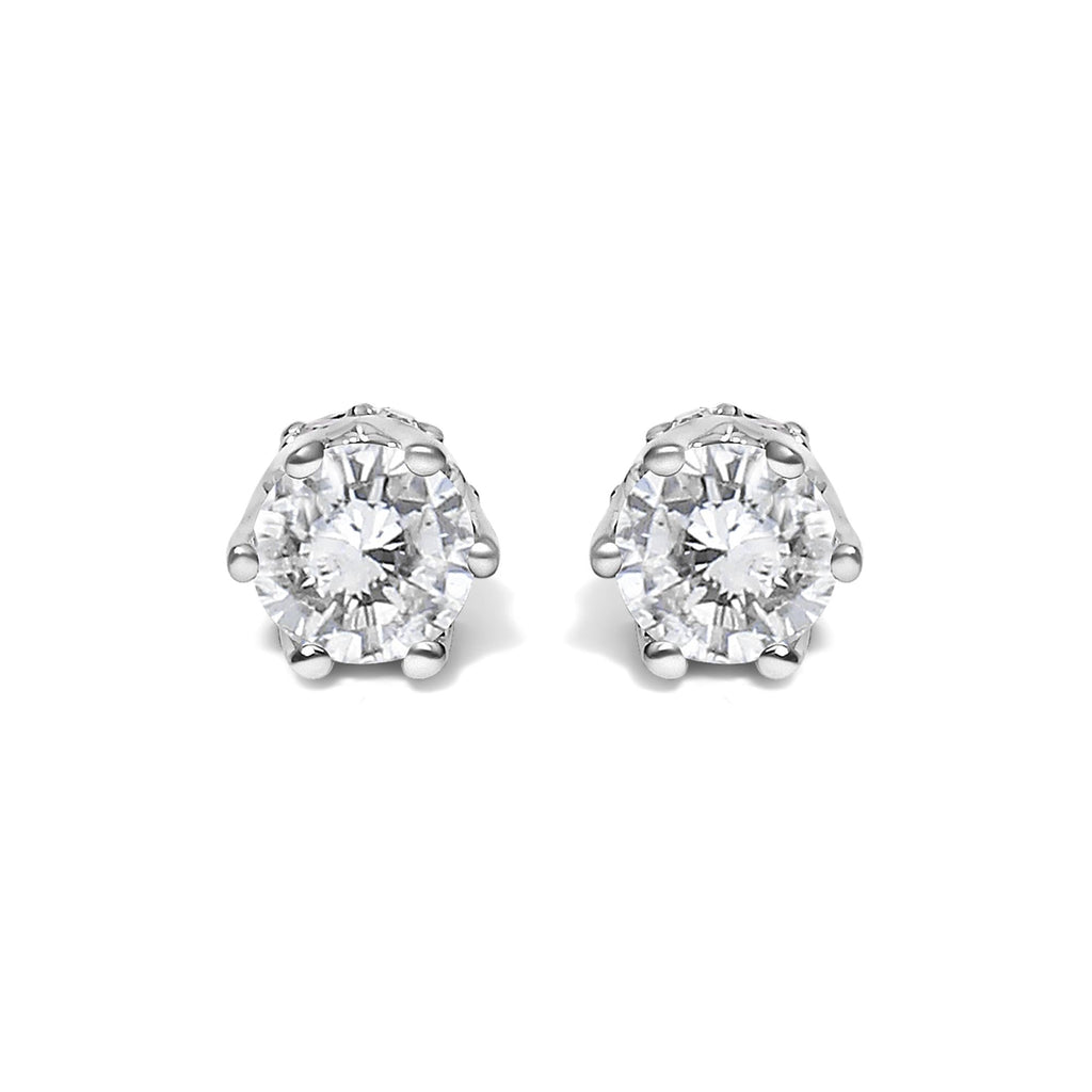14K White Gold 1/2 Cttw Round Diamond 6 Prong Crown Stud Earrings (I-J Color, I1-I2 Clarity)