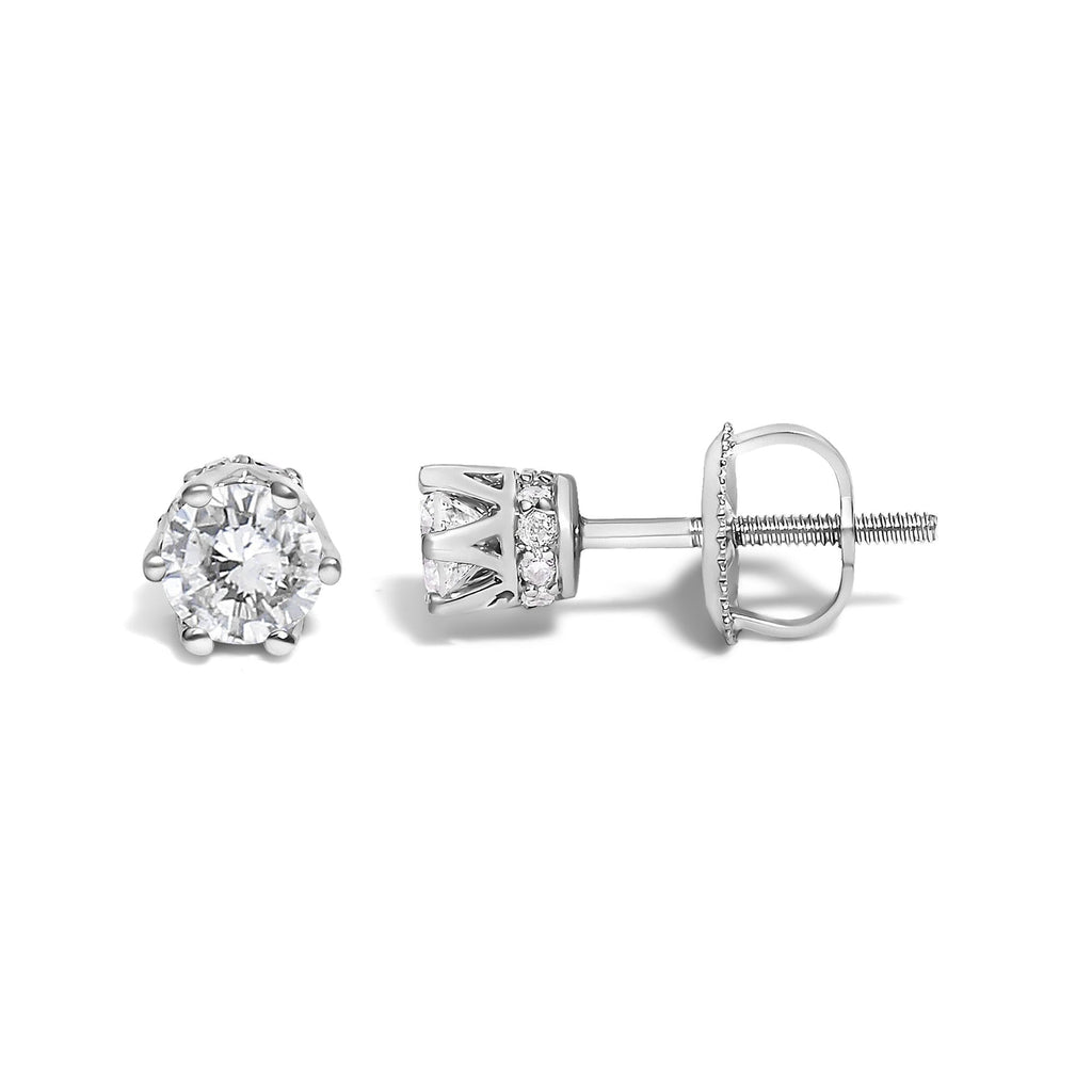 14K White Gold 1/2 Cttw Round Diamond 6 Prong Crown Stud Earrings (I-J Color, I1-I2 Clarity)