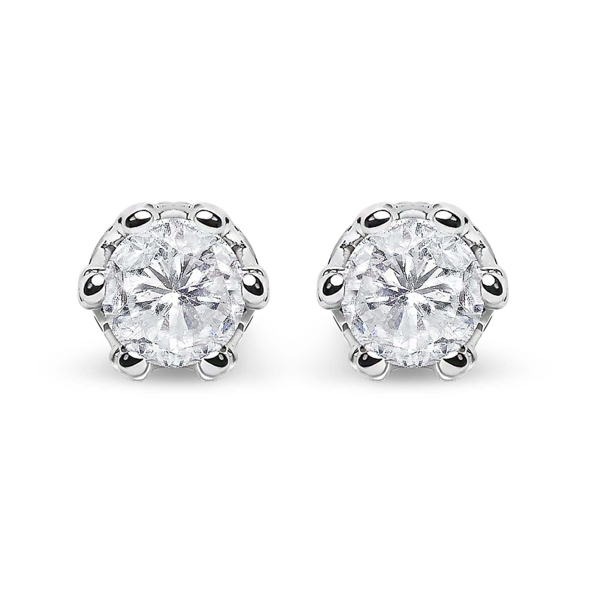 14K White Gold 2.0 Cttw Round Cut Prong-Set Diamond Crown Stud Earring (I-J Color, I1-I2 Clarity)