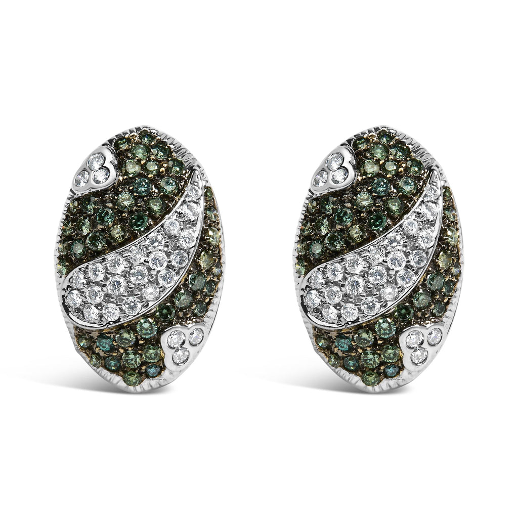 14K White Gold 2.00 Cttw White and Treated Blue Diamond Oval Shield Omega Back Earrings (H-I Color, SI1-SI2 Clarity)