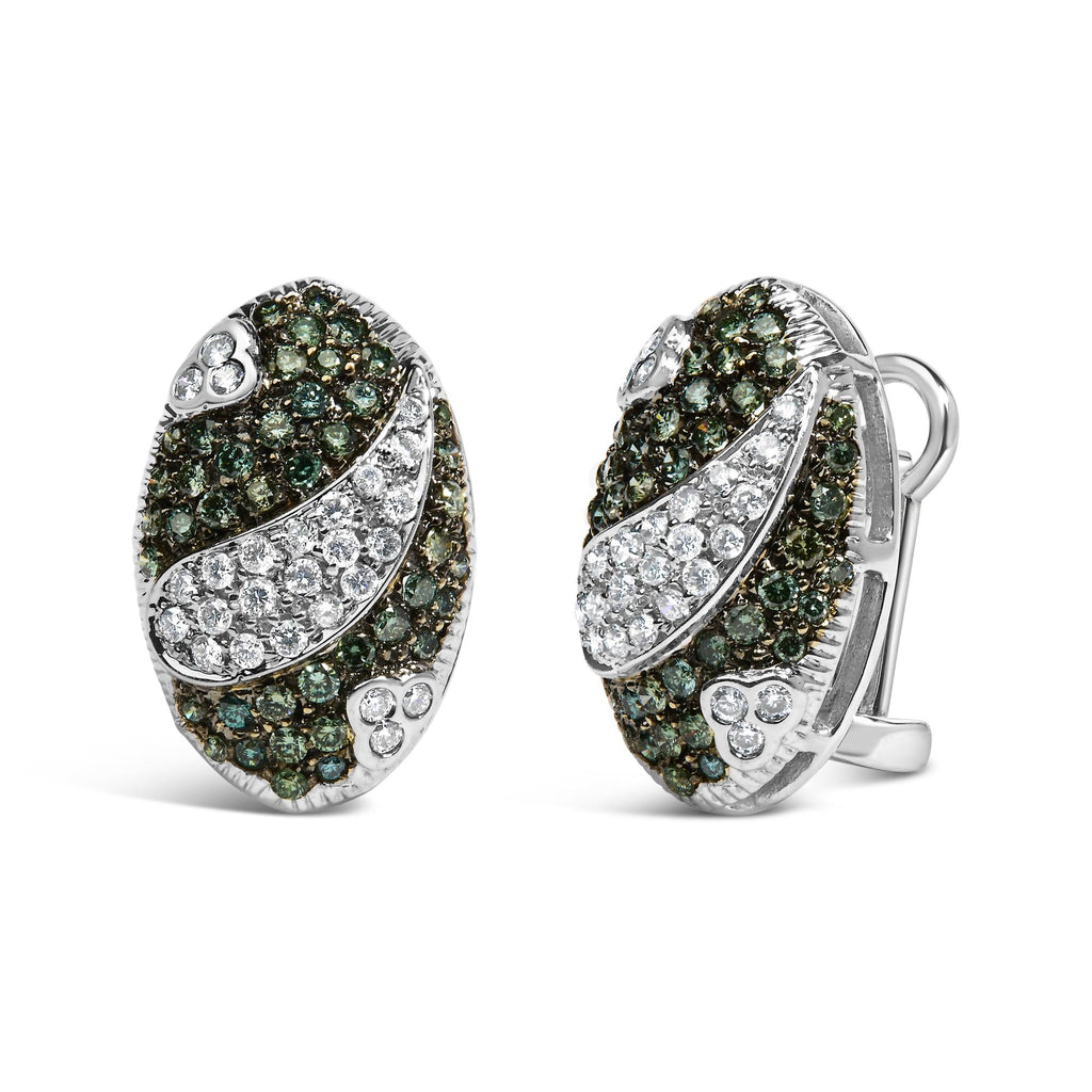14K White Gold 2.00 Cttw White and Treated Blue Diamond Oval Shield Omega Back Earrings (H-I Color, SI1-SI2 Clarity)