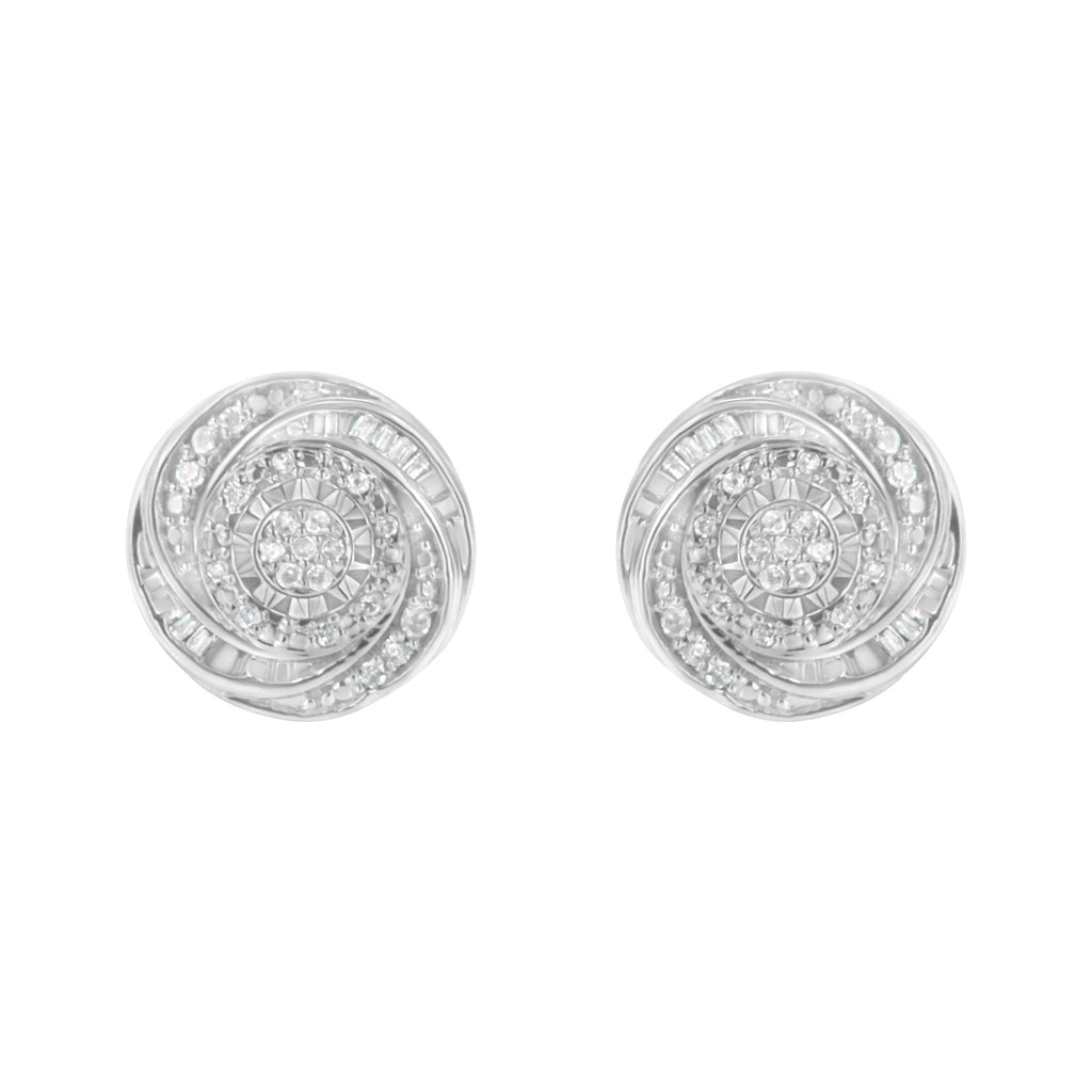 .925 Sterling Silver 1/4 Cttw Baguette and Round Diamond Swirl Love Knot Stud Earrings (I-J Color, I3 Clarity)