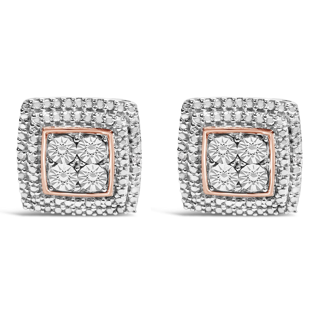 .925 Sterling Silver Diamond Accented Square Shaped Milgrain Stud Earrings (I-J Clarity, I3 Color)