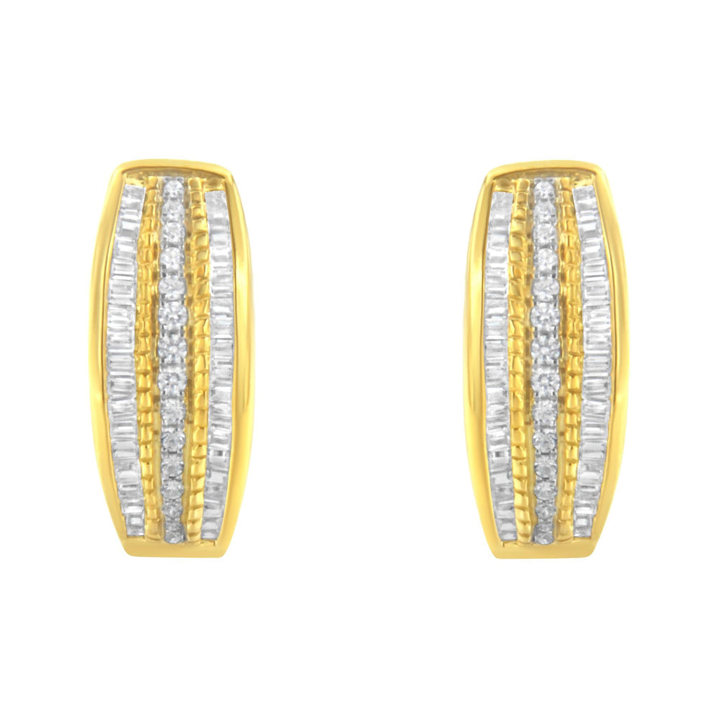10K Yellow Gold 3/4 Cttw Pave and Channel Set Diamond Triple Row Modern Hoop Earrings (I-J Color, I2-I3 Clarity)