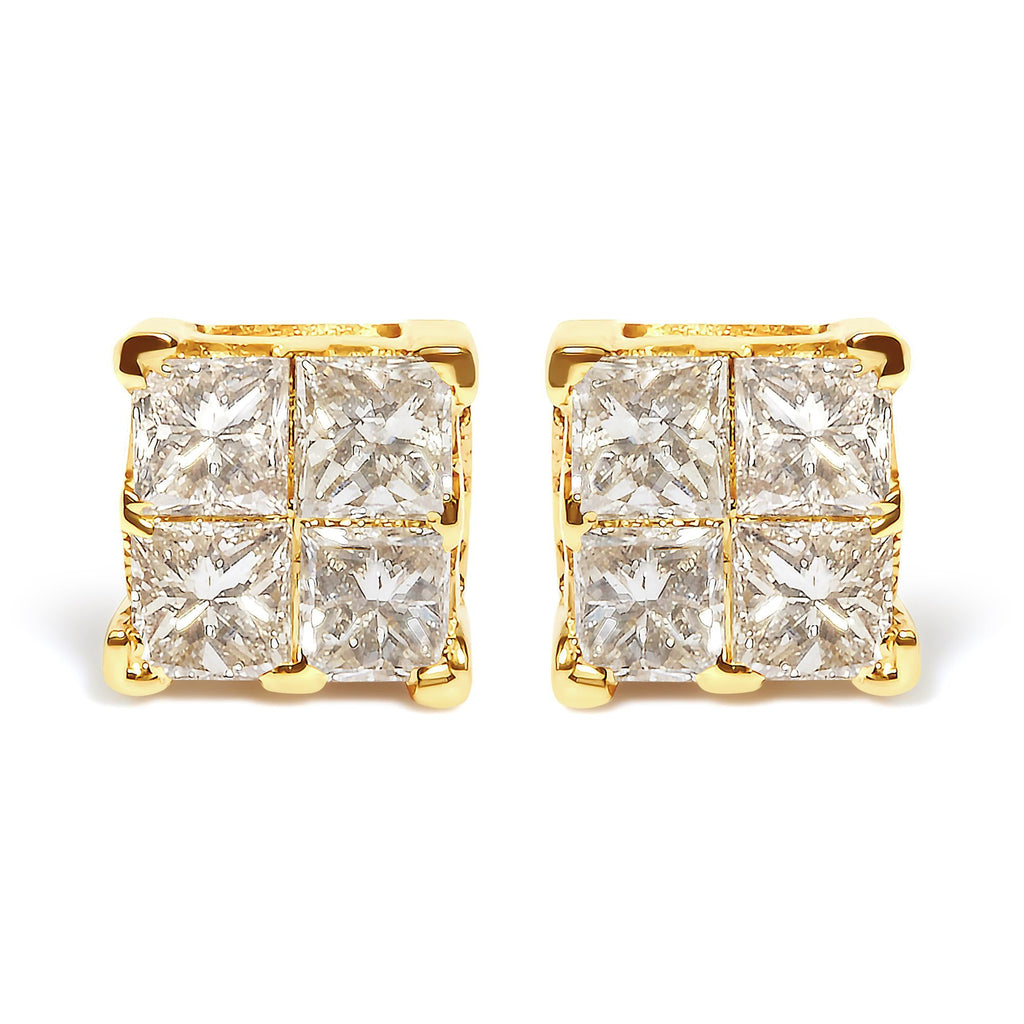 10K Yellow Gold 3/4 Cttw Invisible Set Princess-Cut Diamond Composite Square Stud Earrings (I-J Color, I2-I3 Clarity)