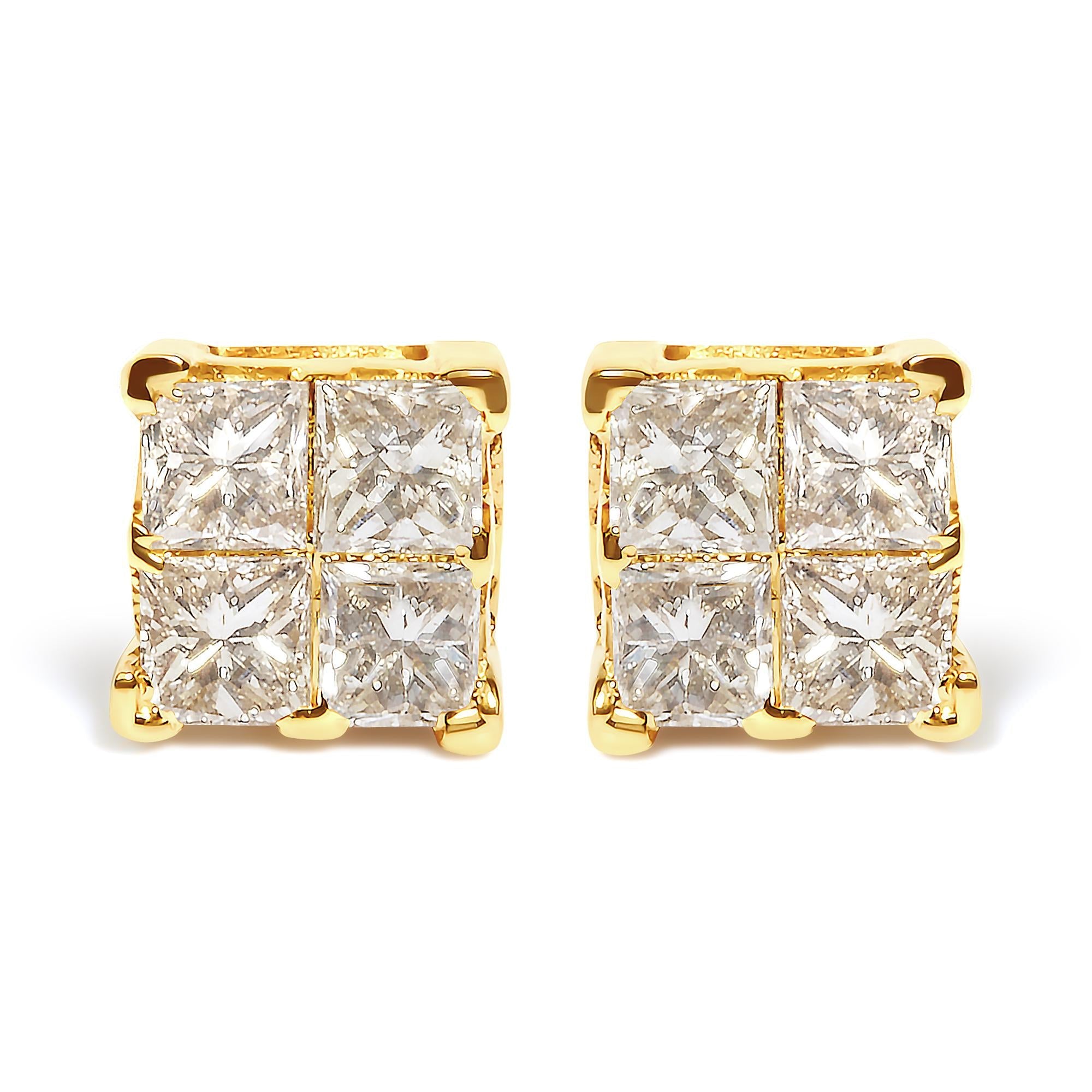 10K Yellow Gold 3/4 Cttw Invisible Set Princess-Cut Diamond Composite Square Stud Earrings (I-J Color, I2-I3 Clarity)