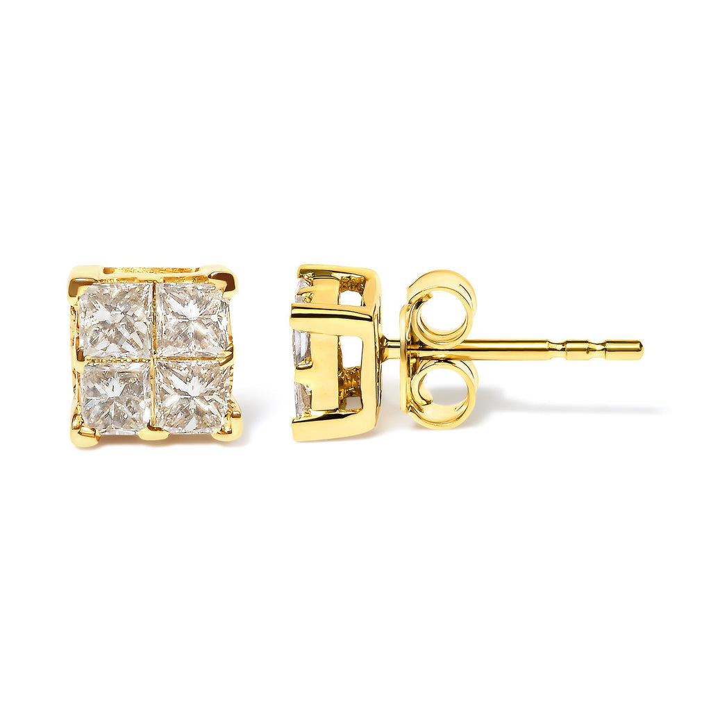 10K Yellow Gold 3/4 Cttw Invisible Set Princess-Cut Diamond Composite Square Stud Earrings (I-J Color, I2-I3 Clarity)