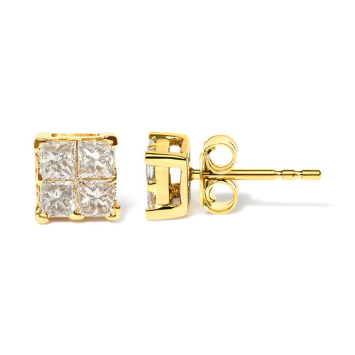 10K Yellow Gold 3/4 Cttw Invisible Set Princess-Cut Diamond Composite Square Stud Earrings (I-J Color, I2-I3 Clarity)
