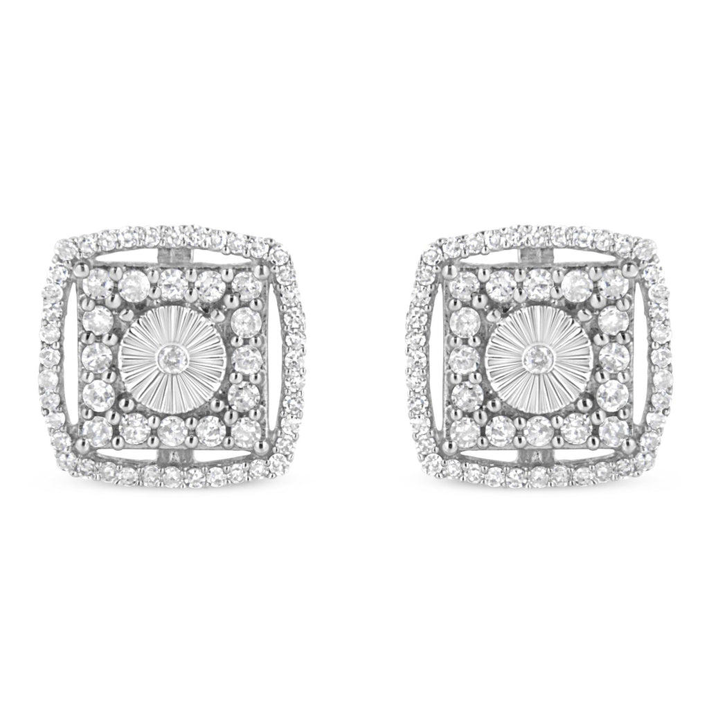 .925 Sterling Silver 1.0 Cttw Round Diamond Double Halo and Disc Stud Earring (I-J Color, I2-I3 Clarity)