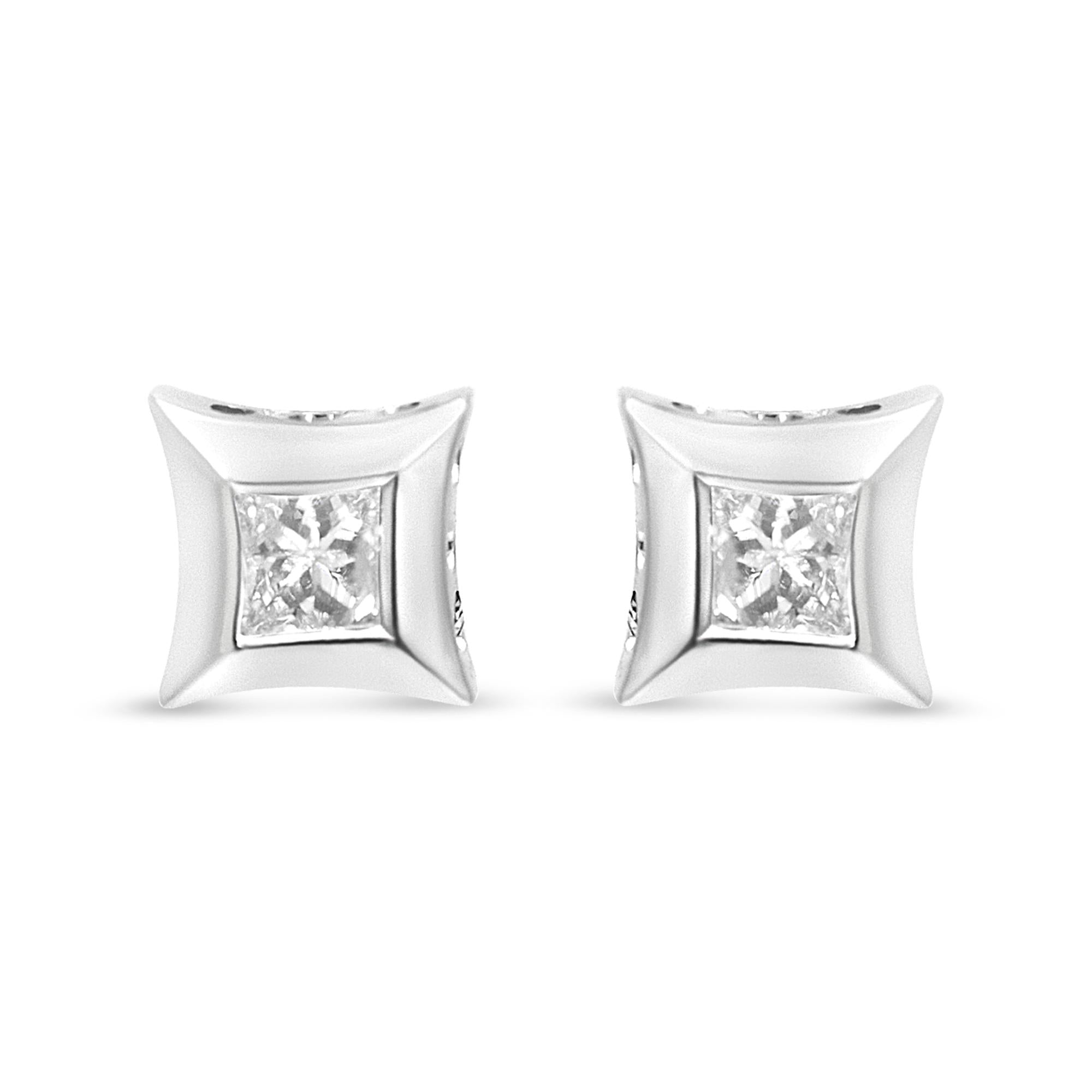 Sterling Silver 1/3 Cttw Princess Cut Diamond Square Stud Earrings