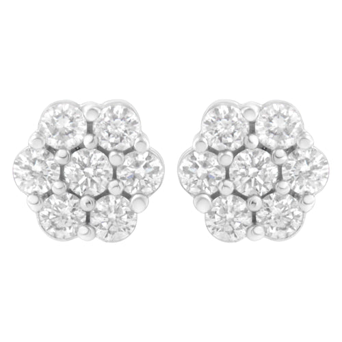 14K White Gold 7 Stone Floral Cluster Round Brilliant Cut Diamond Stud Earrings with Screw Backs(I-J, SI2-I1)