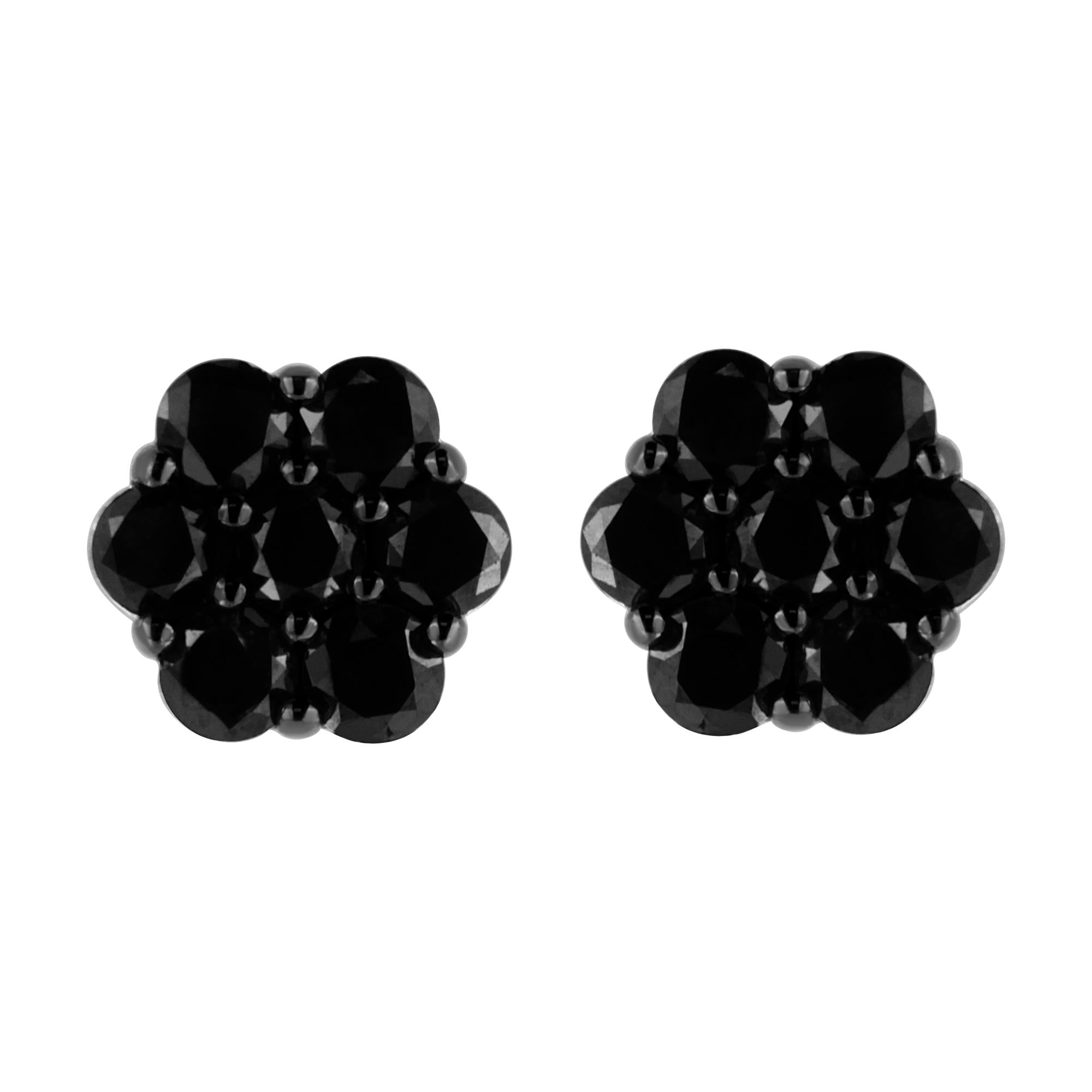 .925 Sterling Silver  Prong Set Round-Cut Treated Colored Diamond Floral Cluster Stud Earring - Choice of Diamond Colors and Total Weights