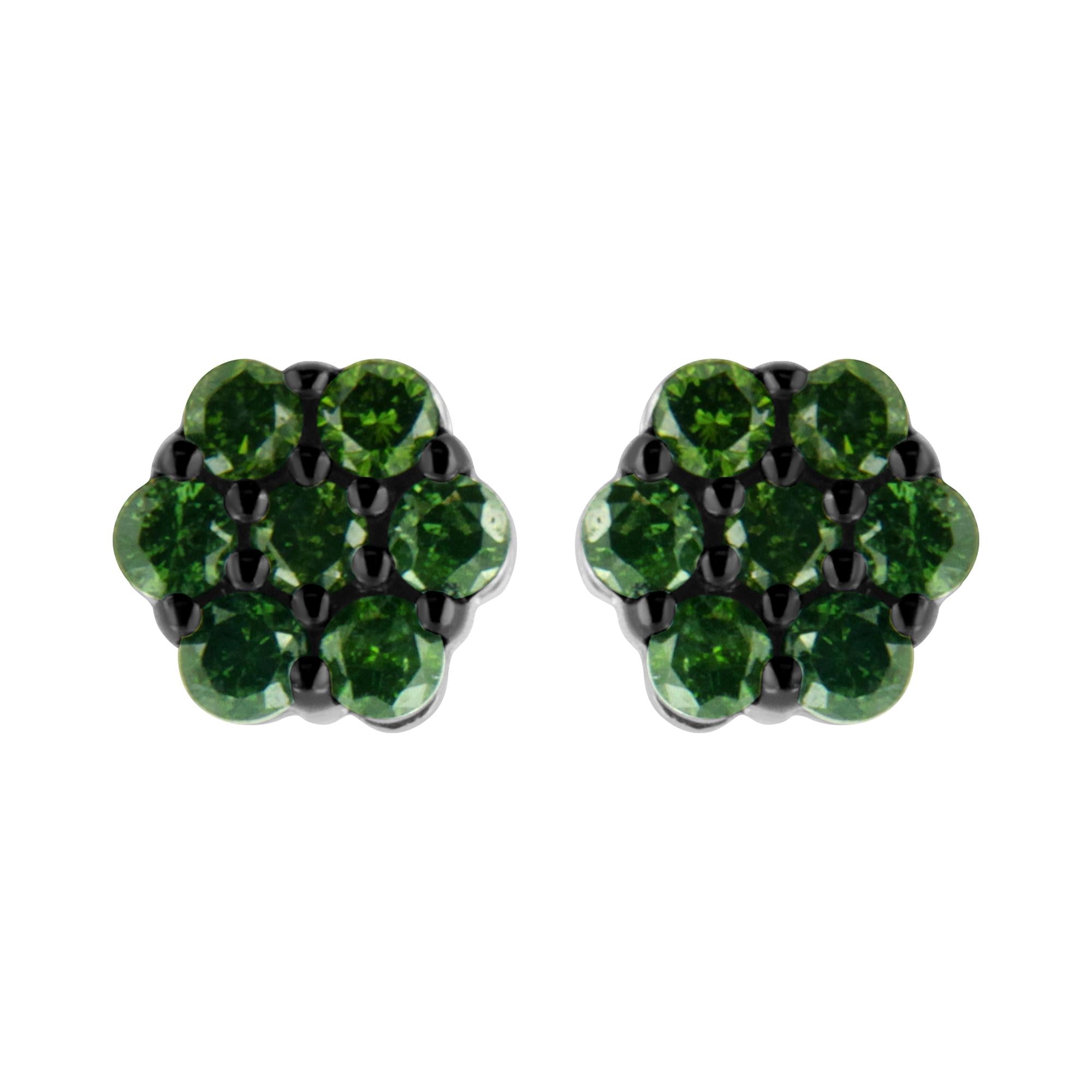 .925 Sterling Silver  Prong Set Round-Cut Treated Colored Diamond Floral Cluster Stud Earring - Choice of Diamond Colors and Total Weights