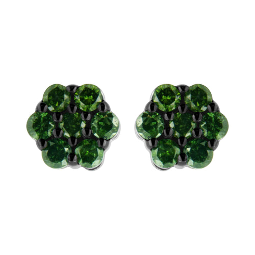 .925 Sterling Silver  Prong Set Round-Cut Treated Colored Diamond Floral Cluster Stud Earring - Choice of Diamond Colors and Total Weights