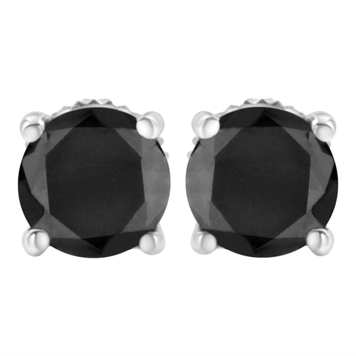 .925 Sterling Silver Round Brilliant-Cut Black Diamond Classic 4-Prong Stud Earrings with Screw Backs (Fancy Color-Enhanced, I2-I3 Clarity)