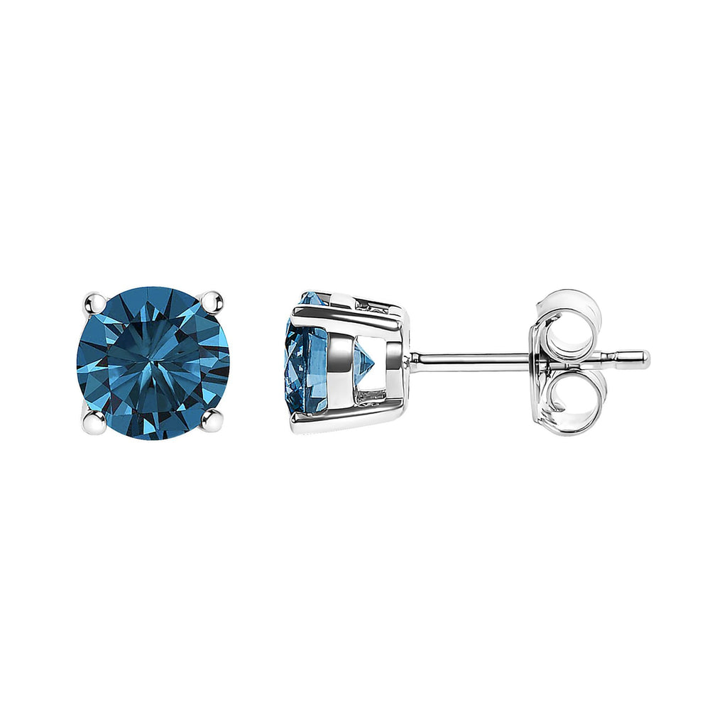 14K Gold Round Brilliant Cut Lab Grown Blue Diamond 4-Prong Classic Solitaire Stud Earrings with Pushbacks