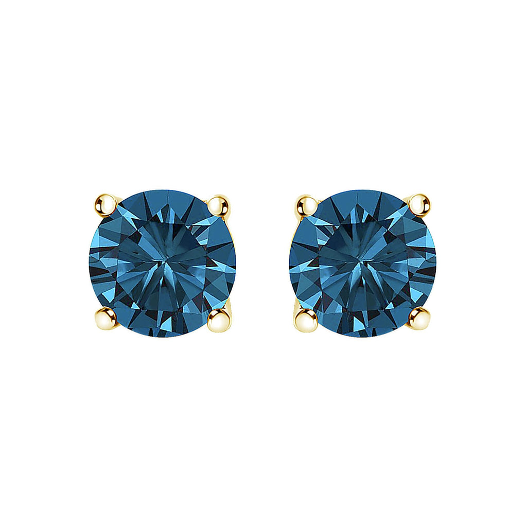 14K Gold Round Brilliant Cut Lab Grown Blue Diamond 4-Prong Classic Solitaire Stud Earrings with Pushbacks