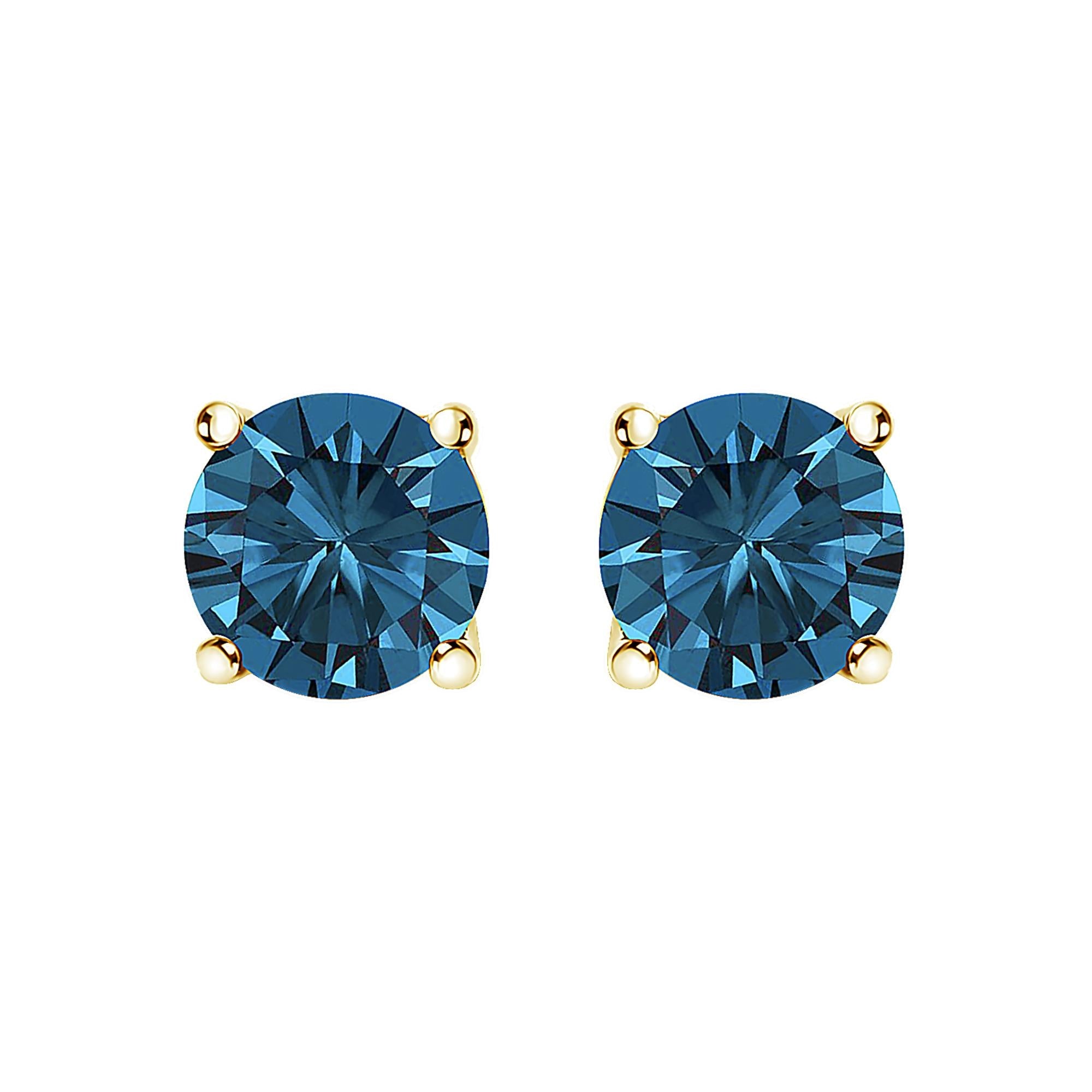 14K Gold Round Brilliant Cut Lab Grown Blue Diamond 4-Prong Classic Solitaire Stud Earrings with Pushbacks