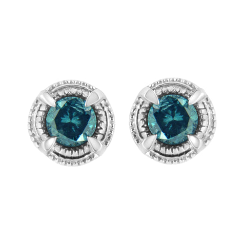 .925 Sterling Silver Treated Colored Diamond Modern 4-Prong Solitaire Milgrain Stud Earrings