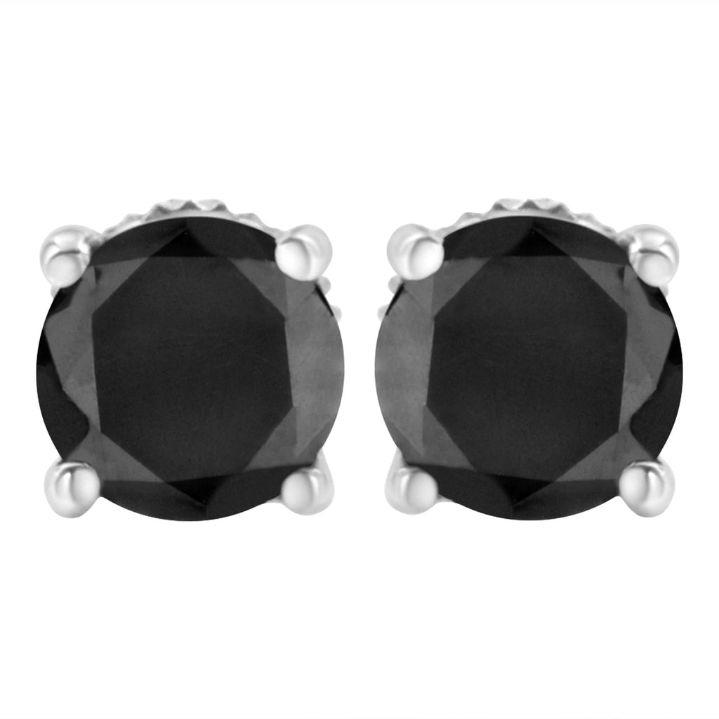 .925 Sterling Silver Round Brilliant-Cut Black Diamond Classic 4-Prong Stud Earrings with Screw Backs (Fancy Color-Enhanced, I2-I3 Clarity)