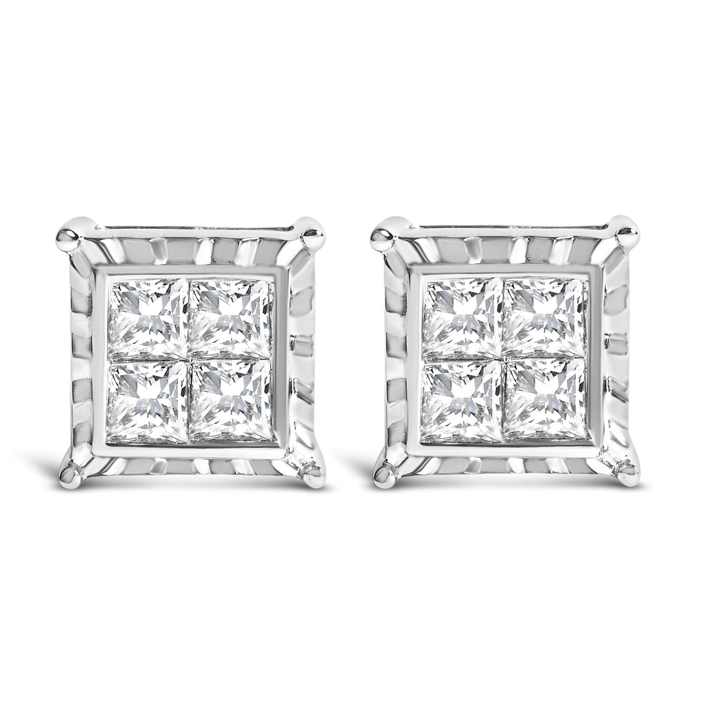 14K White Gold 2.00 Cttw Invisible Set Princess-Cut Lab Grown Diamond Wavy Quad Stud Earrings
