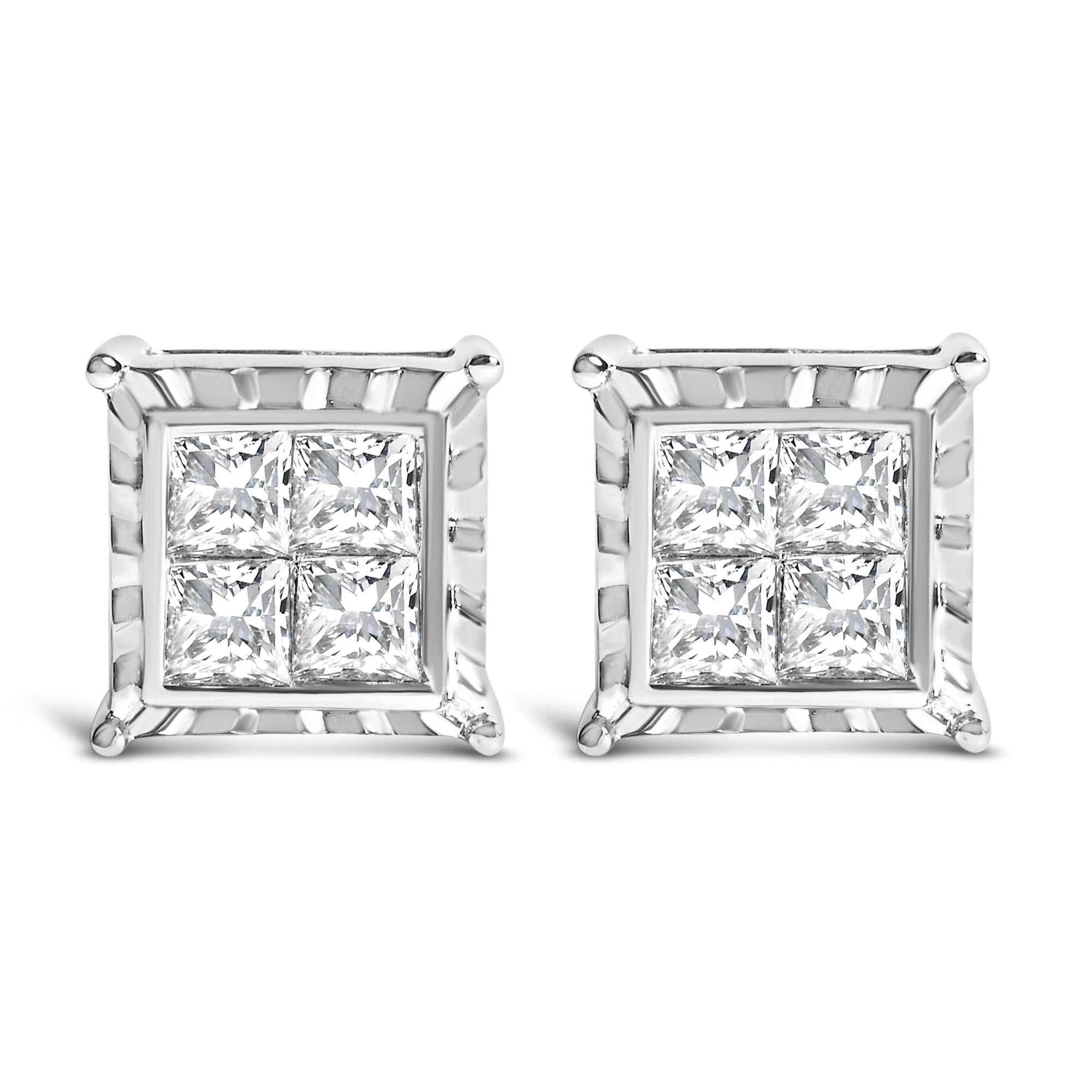 14K White Gold 2.00 Cttw Invisible Set Princess-Cut Lab Grown Diamond Wavy Quad Stud Earrings