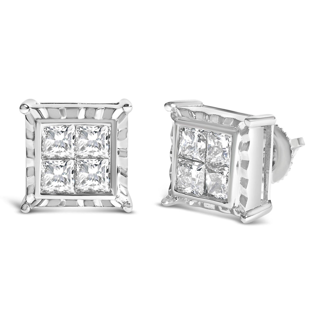 14K White Gold 2.00 Cttw Invisible Set Princess-Cut Lab Grown Diamond Wavy Quad Stud Earrings